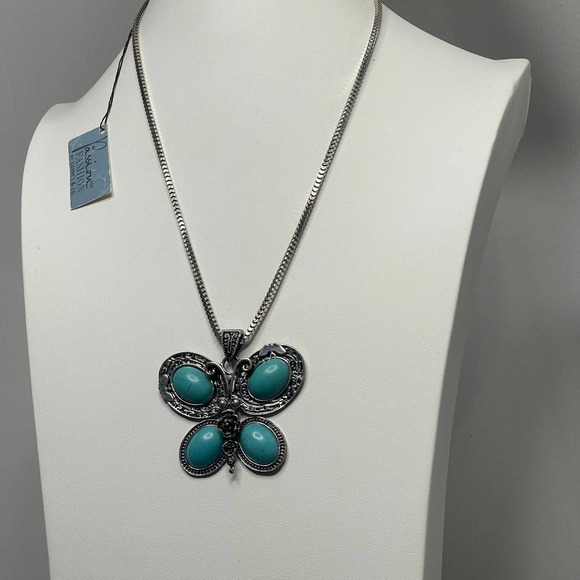 faux turquoise blue necklace butterfly pendant burnished silver tone trendy boho - Picture 1 of 9